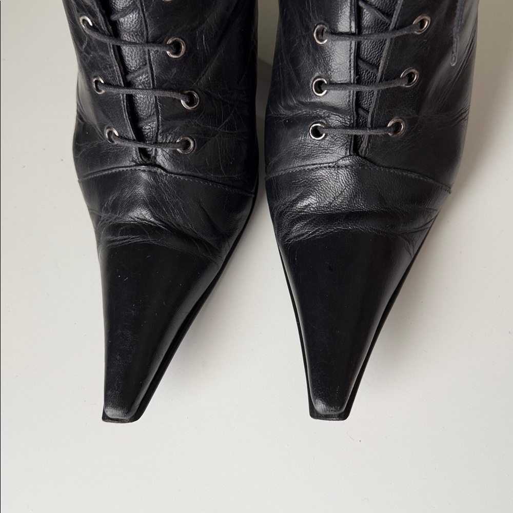 Gia Moretti leather pointed toe stiletto heel grommeted lace-up Boots Italian - Picture 7 of 17